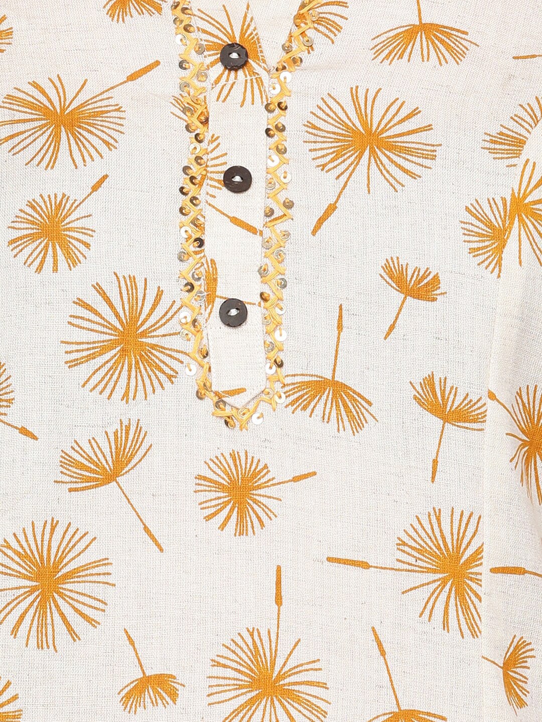 HERE&NOW Off White & Mustard Yellow Floral Printed Thread Work Sequinned Cotton Kurta