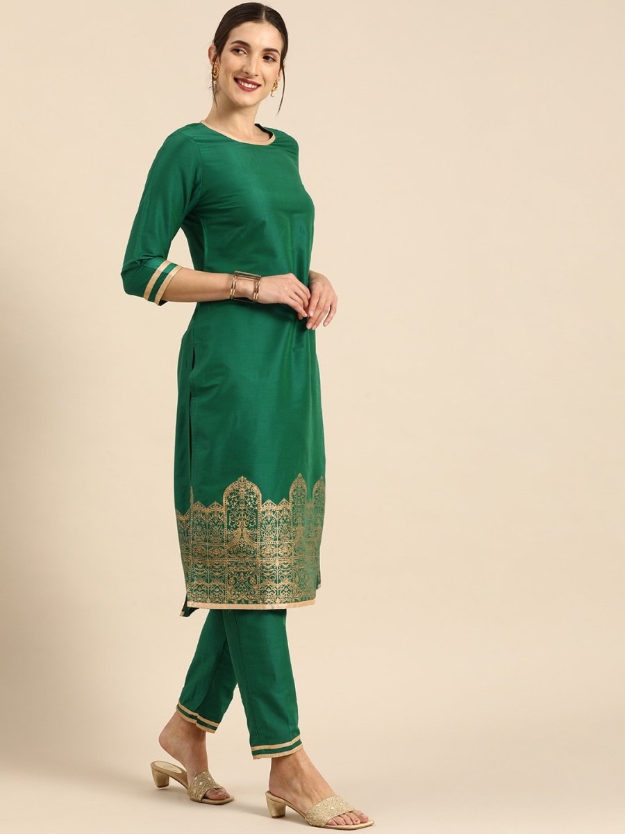 All About You Women Green & Gold Printed Regular Kurta with Trousers