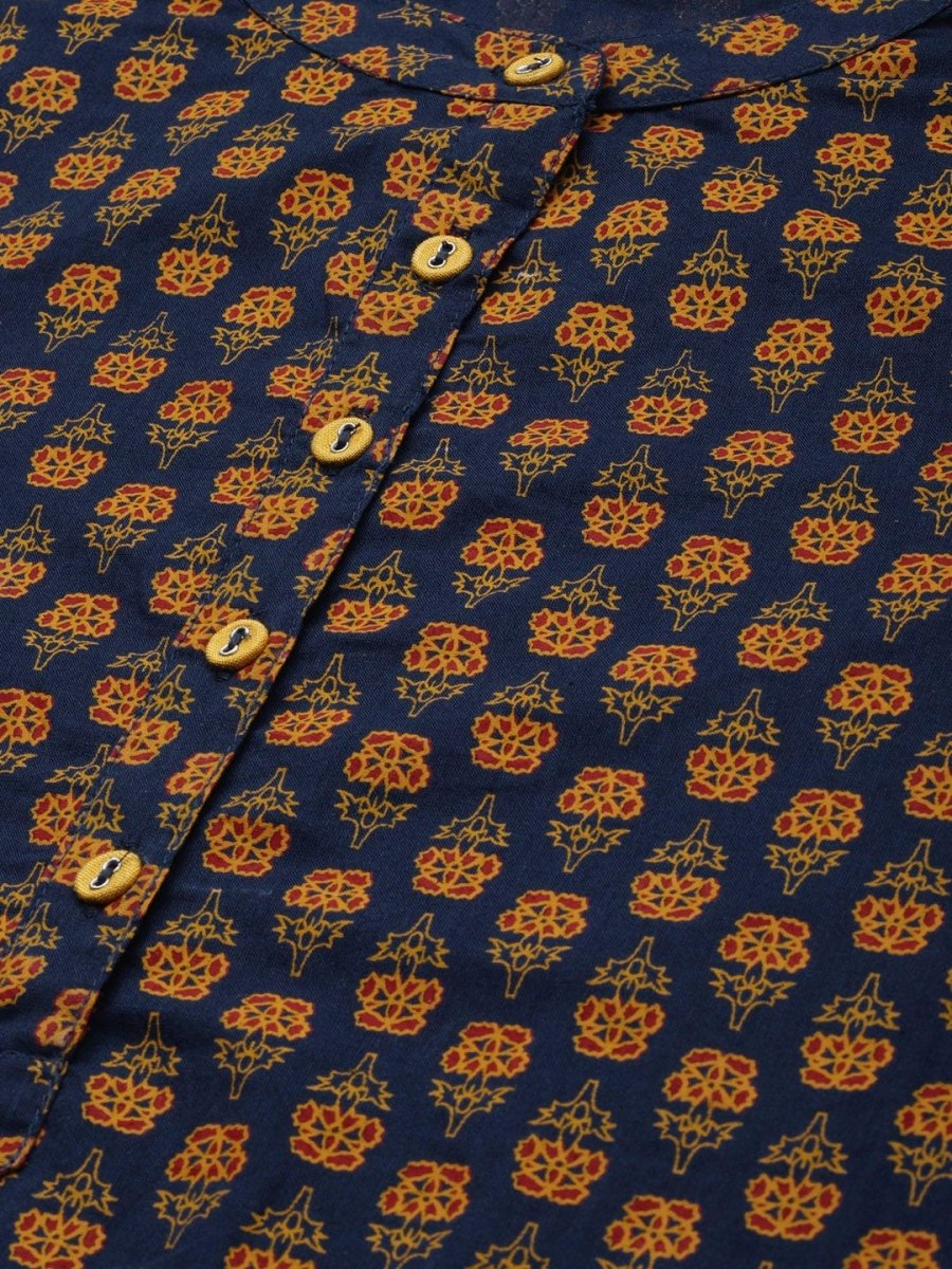 All About You Women Navy Blue & Gold-Toned Ethnic Motifs Printed Regular Kurta