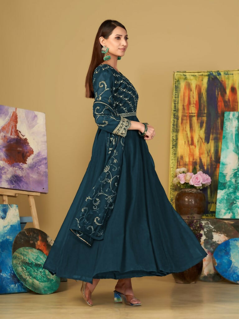 Jyoti Fashion Women's Teal Georgette Embroidered Anarkali Kurta Pant Set With Dupatta