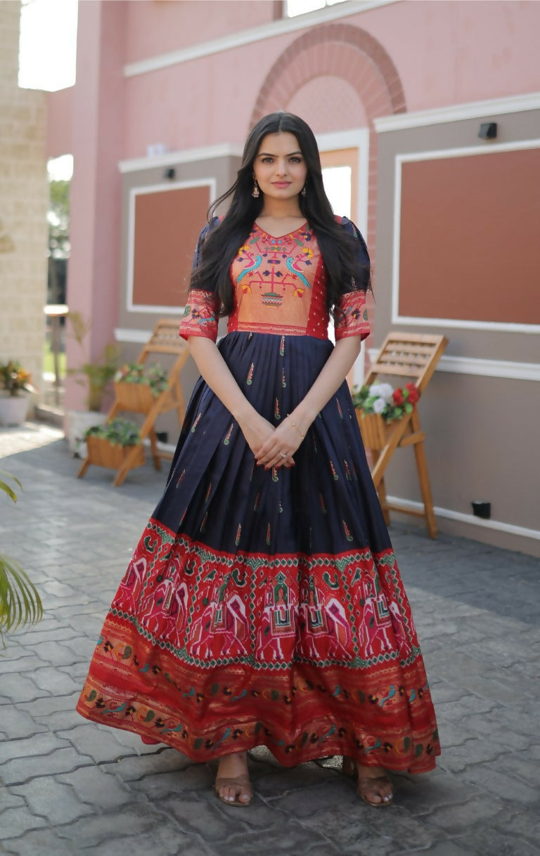 Jyoti Fashion Women's Navy Blue Patola with Foil Print Dola Silk Anarkali Dress