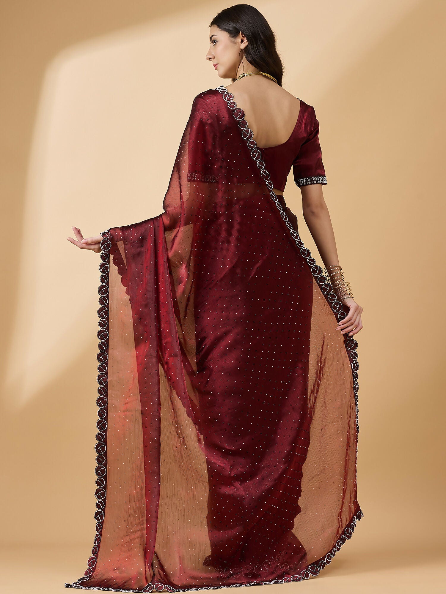 Brown Organza Swaroski Diamond Work Saree with Unstitched Blouse - Radha