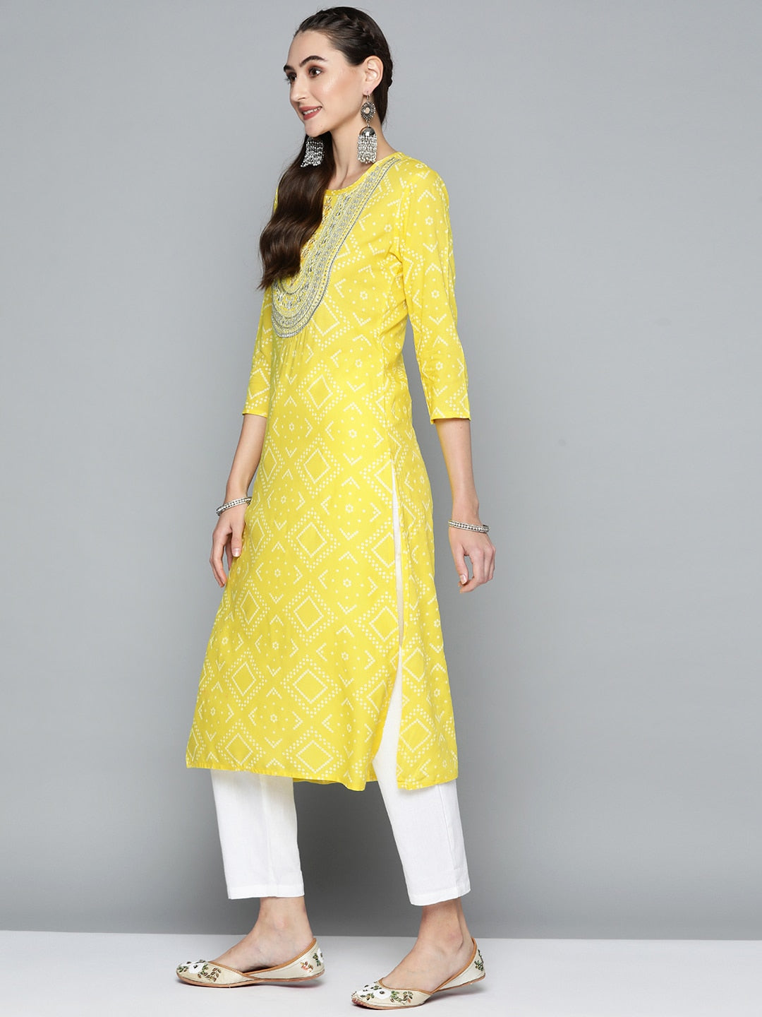 HERE&NOW Women Yellow & White Ethnic Motifs Printed Embroidered Work Kurta
