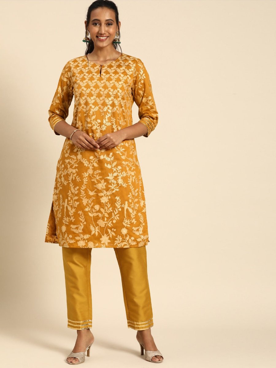 All About You Women Mustard Yellow Ethnic Motifs Printed Regular Kurta with Trousers