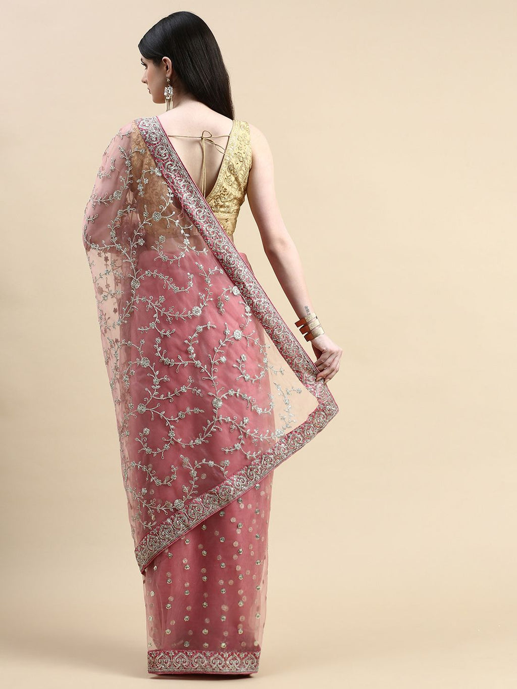 kasee Floral Embroidered Sequinned Net Saree