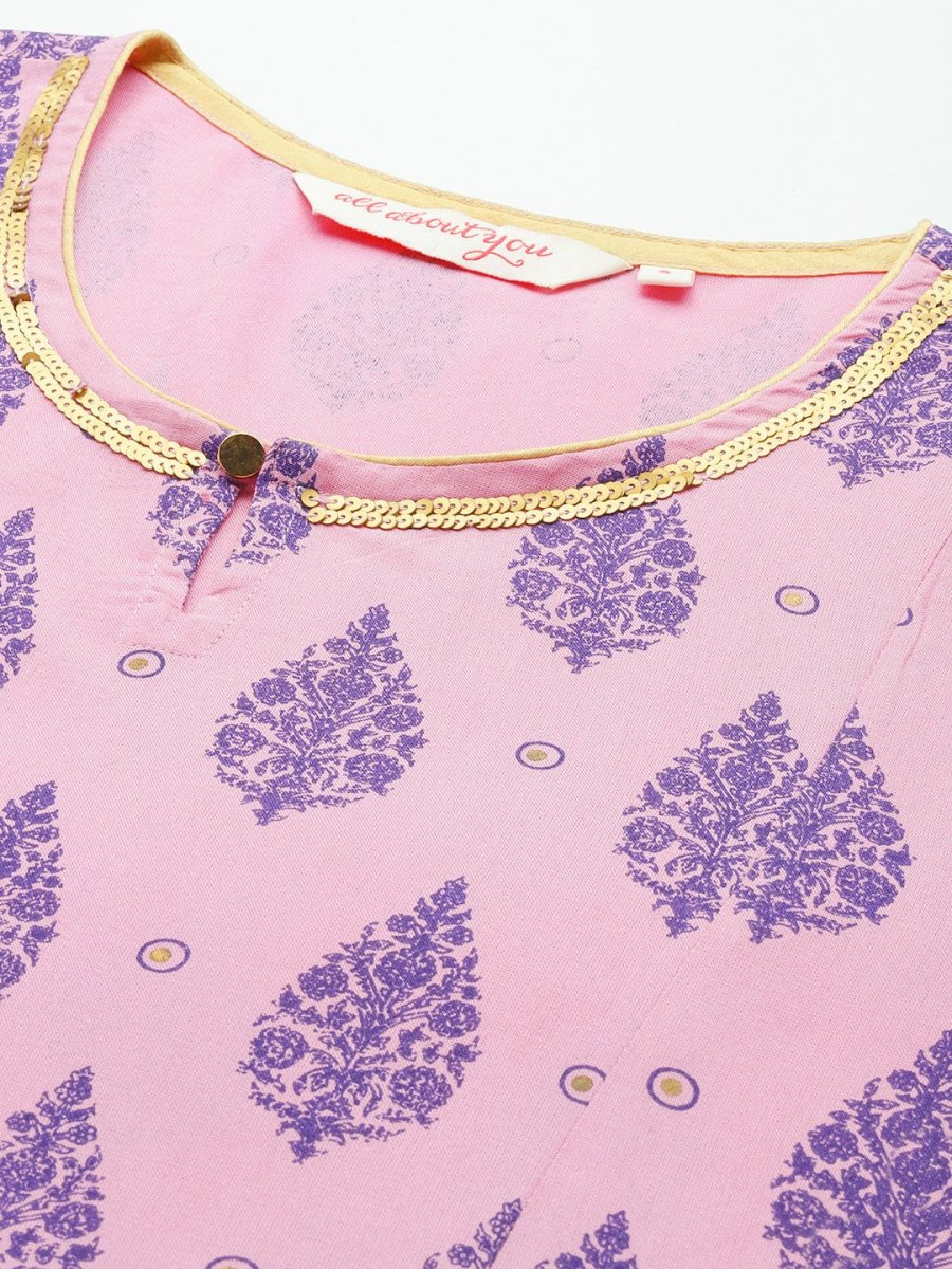 All About You Women Pink Ethnic Motifs Printed Pure Cotton Kurta with Trousers & Dupatta