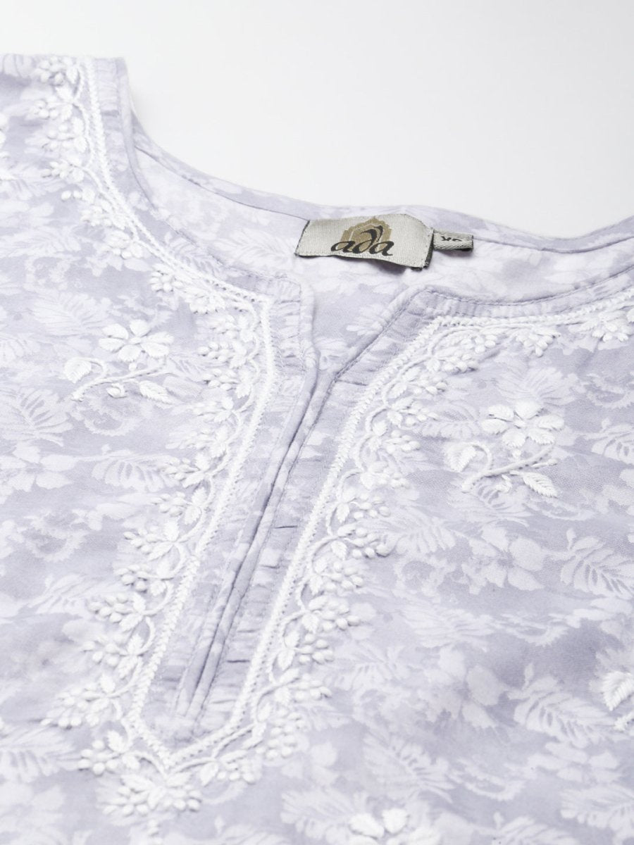 ADA Women Grey & White Floral Chikankari Cotton Handloom Kurta