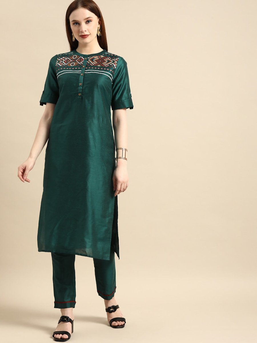 All About You Women Green Kurta with Trousers