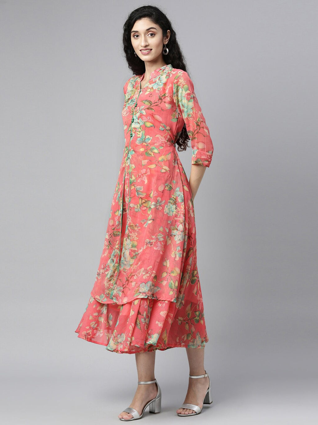 Souchii Pink & Green Floral Layered A-Line Midi Dress