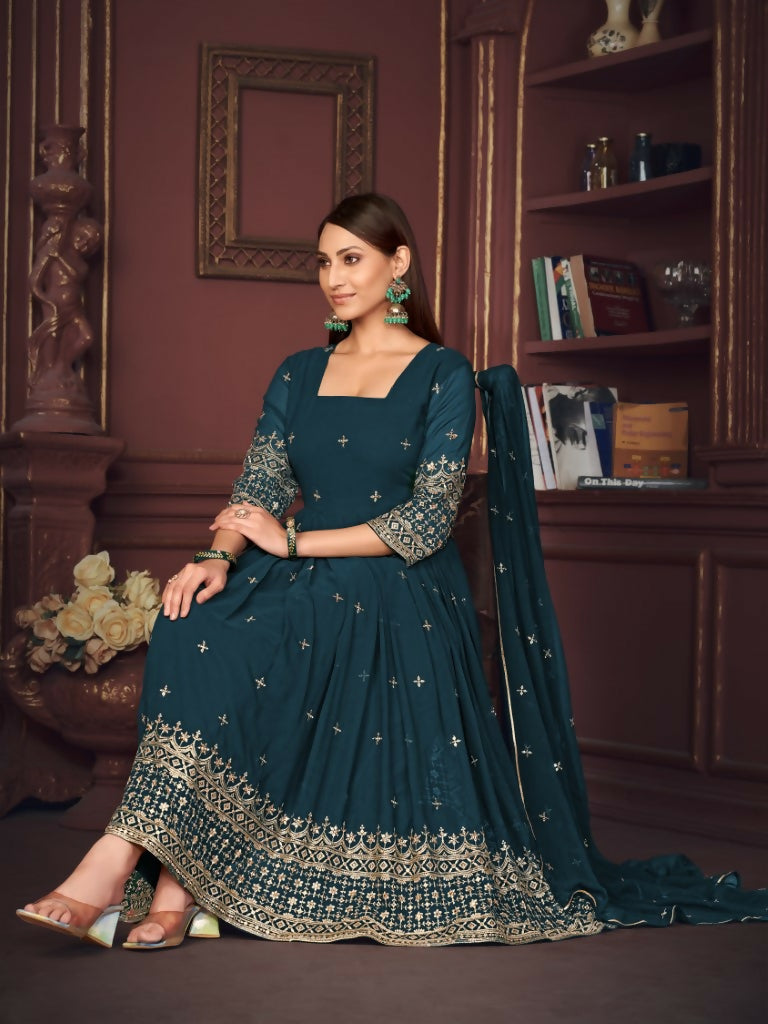 Jyoti Fashion Women's Rama Georgette Embroidered Anarkali Kurta Pant Set With Dupatta