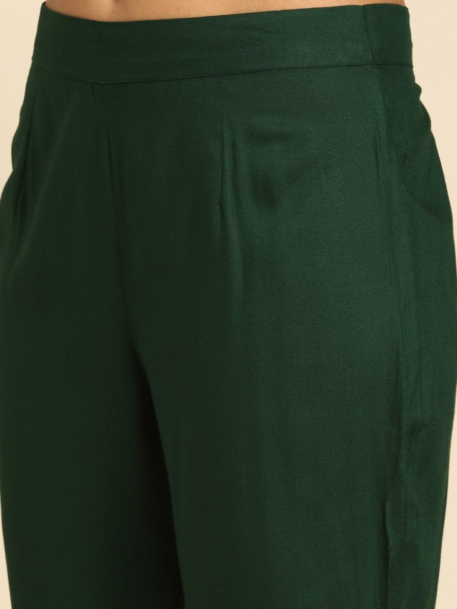 All About You Women Green Ethnic Motifs Yoke Design Regular Thread Work Kurta with Trousers