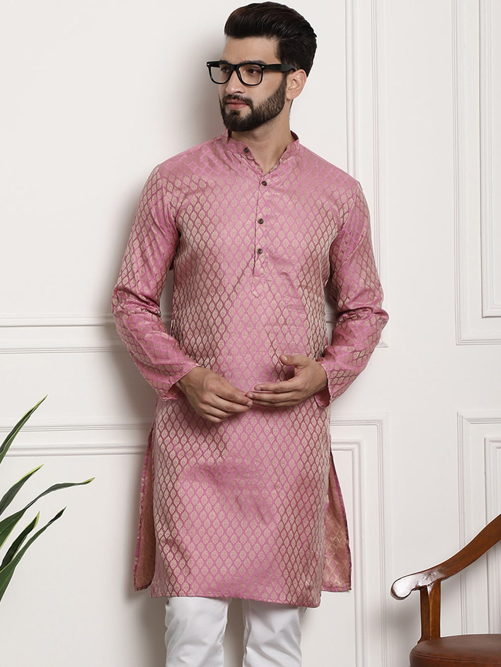 Sojanya Woven Design Mandarin Collar Silk Cotton Kurta