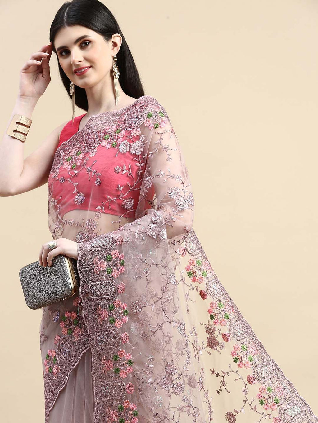 kasee Floral Embroidered Zari Net Saree