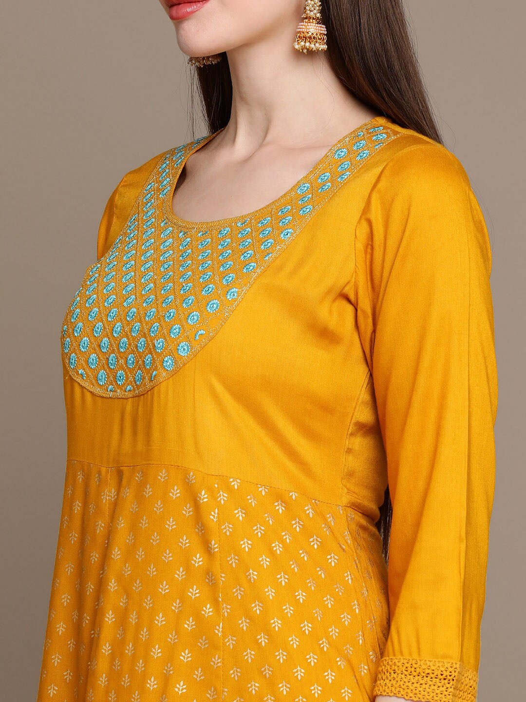 HERE&NOW Ethnic Motifs Embroidered Mirror Work Yoke Anarkali Kurta with Trousers & Dupatta