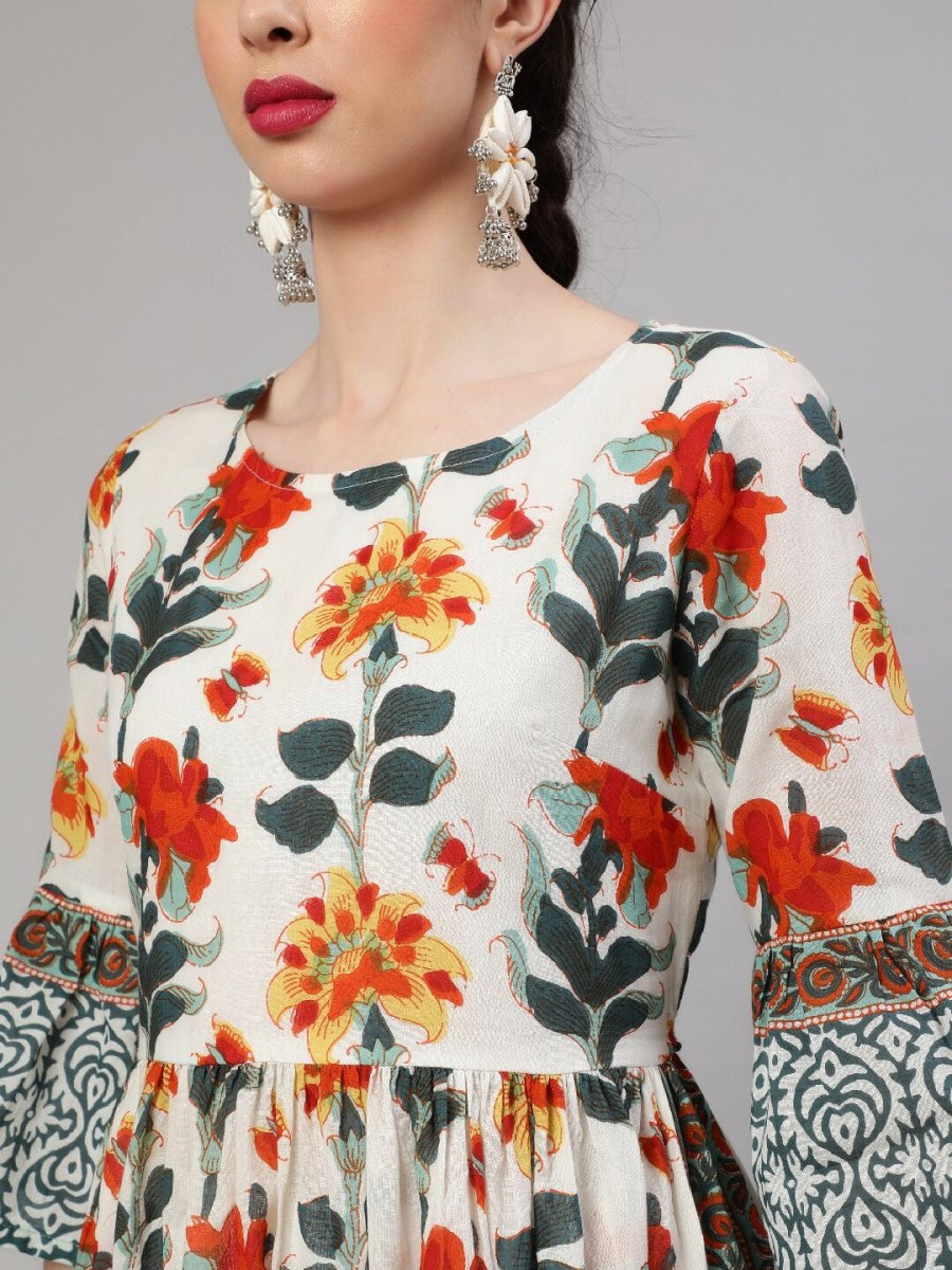 Aks Floral Printed Bell Sleeves Pleated Cotton A-Line Kurta
