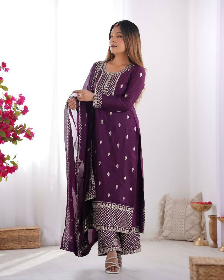 Teeya Creation Wine Color Pure Chinnon Silk Embroidery Work Functional Wear Salwar Suit