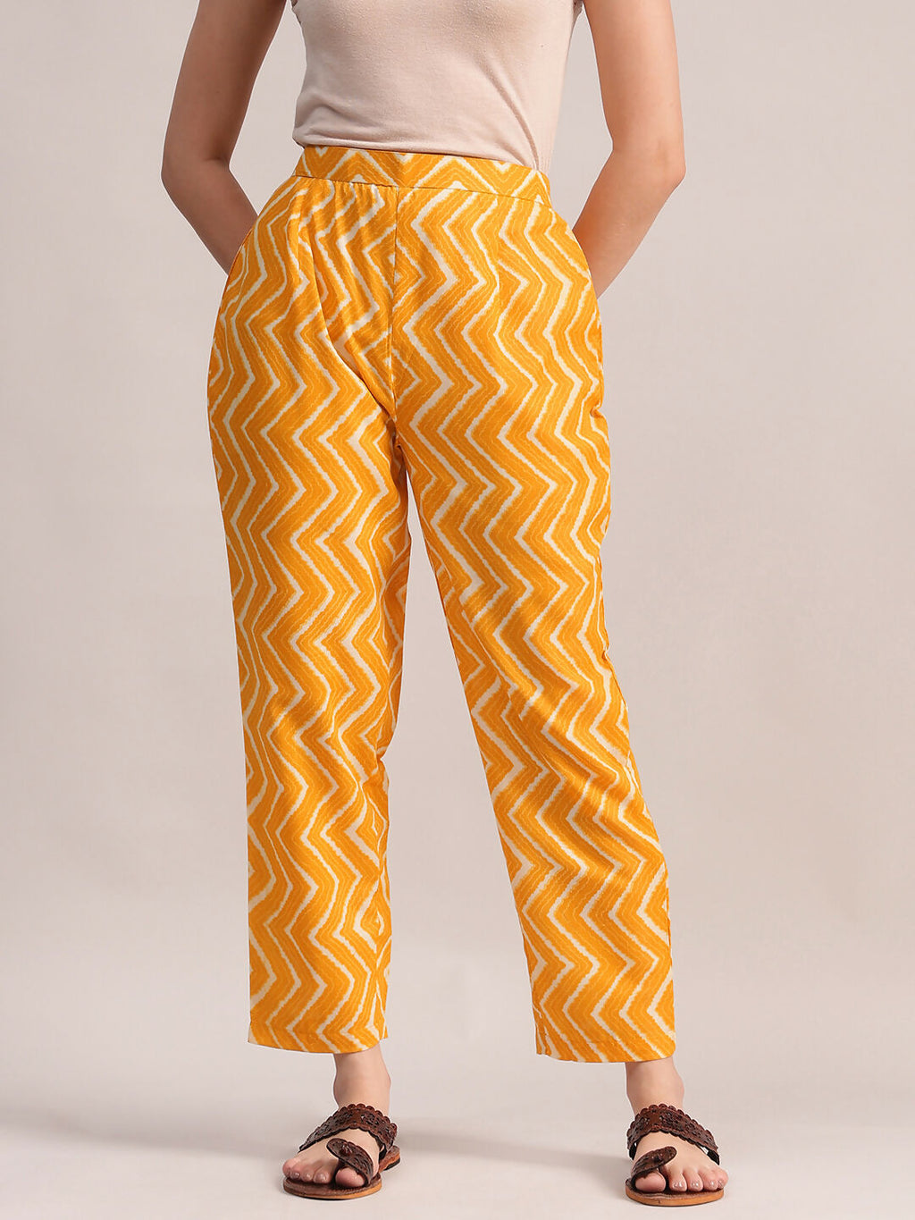 Aavyora Women Mustard Yellow Floral Printed Kurta with Chevron Printed Pants & Dupatta Set