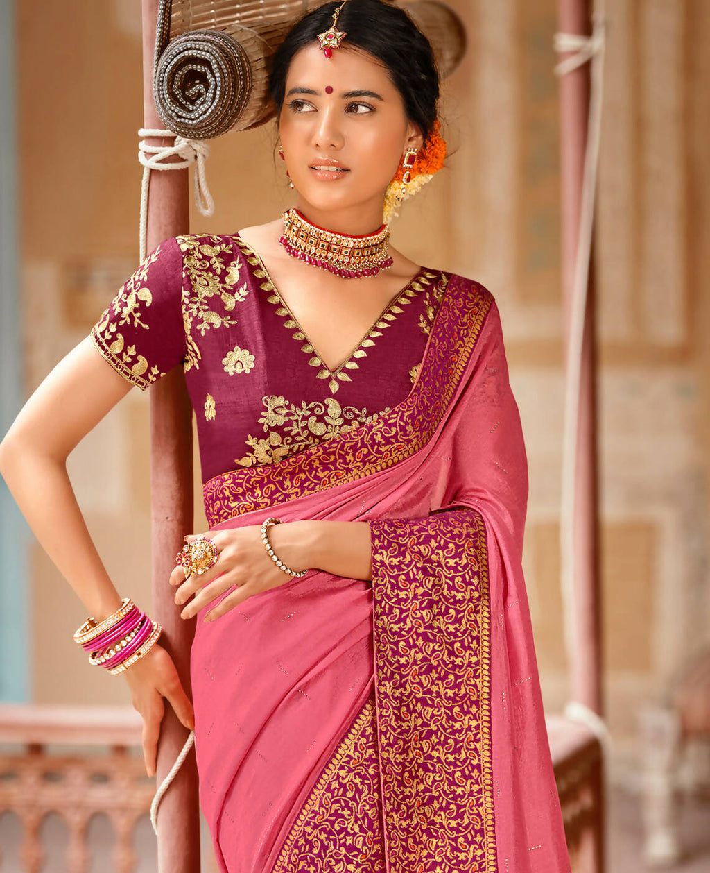 Pink Vichitra Stone Work Saree With Unstitched Blouse Piece - Rosy
