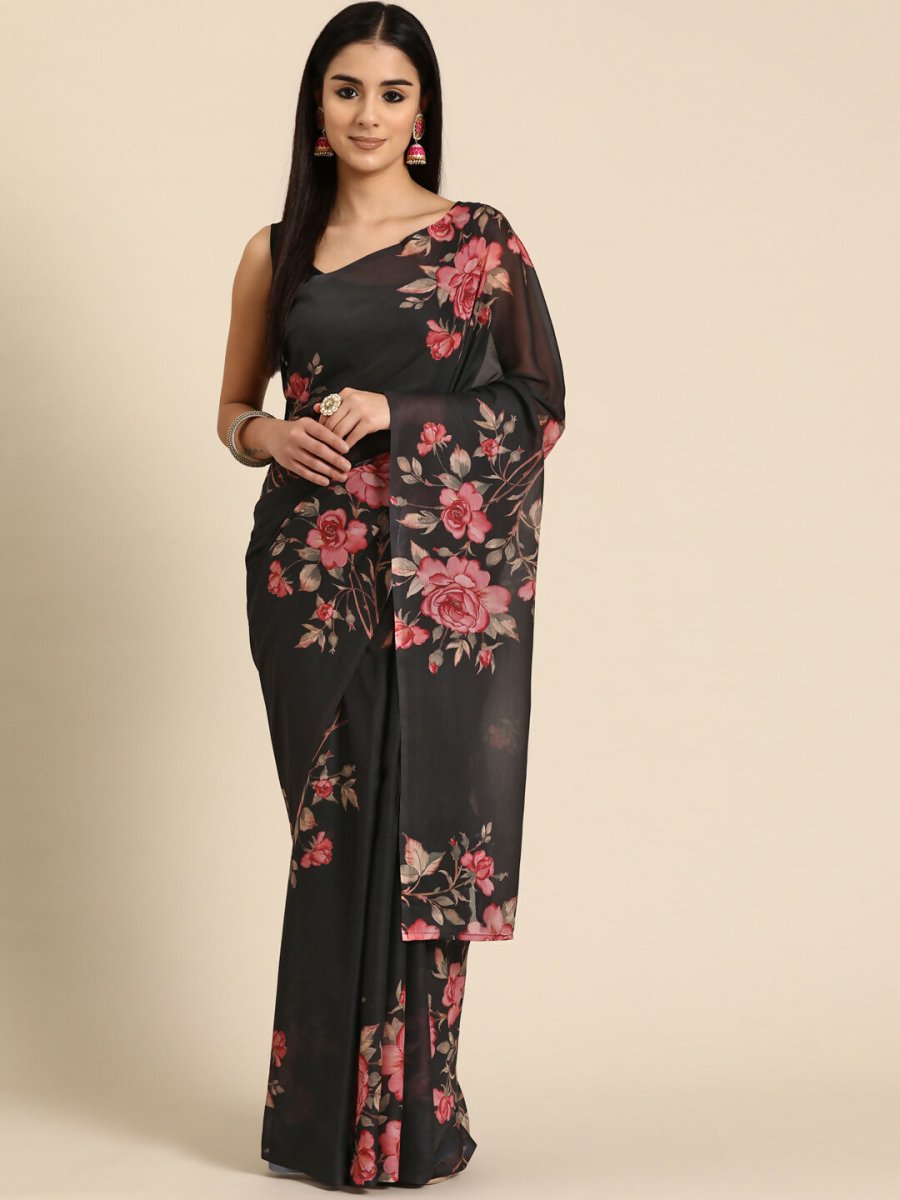 Ahalyaa Women's Traditional Semi Stitch Saree - Black