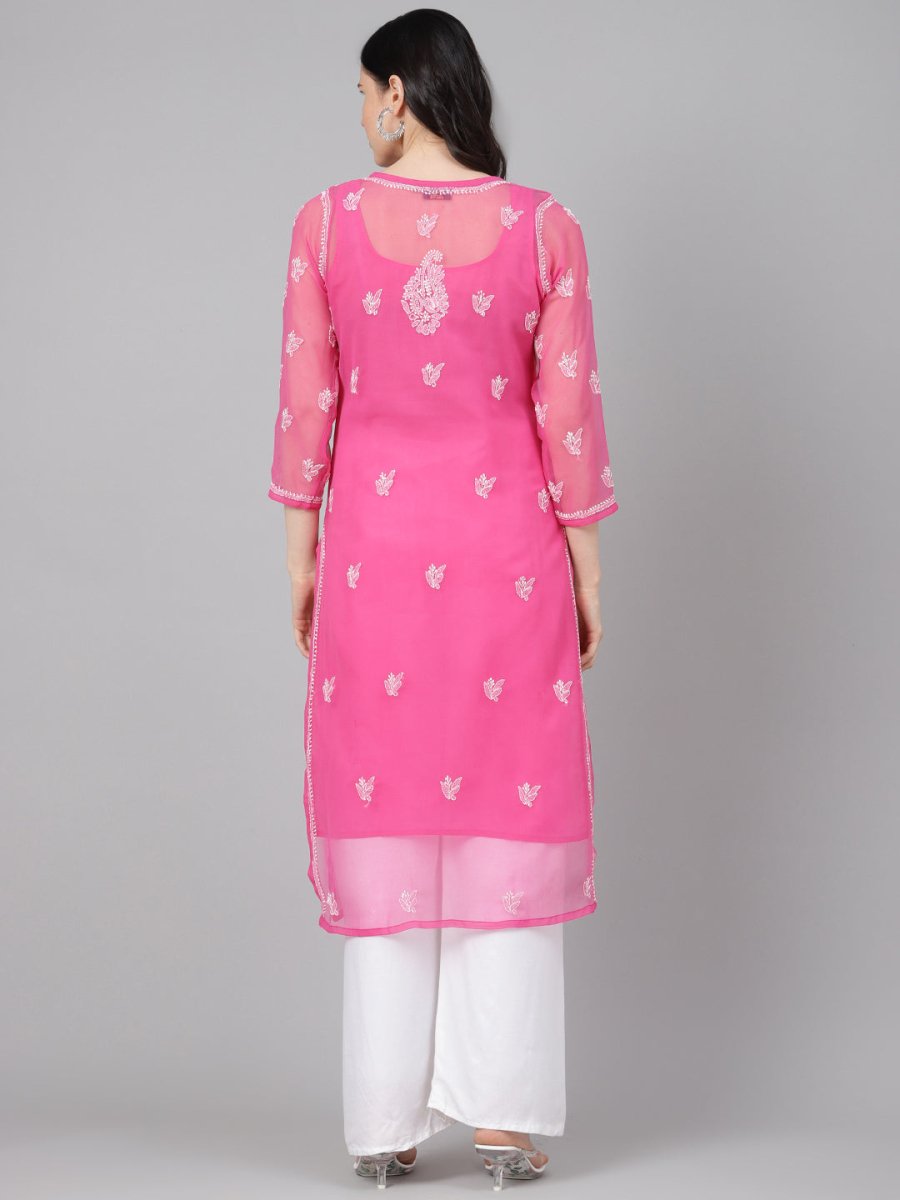 ADA Women Pink & White Sheer Chikankari Embroidered Straight Handloom Kurta with Inner