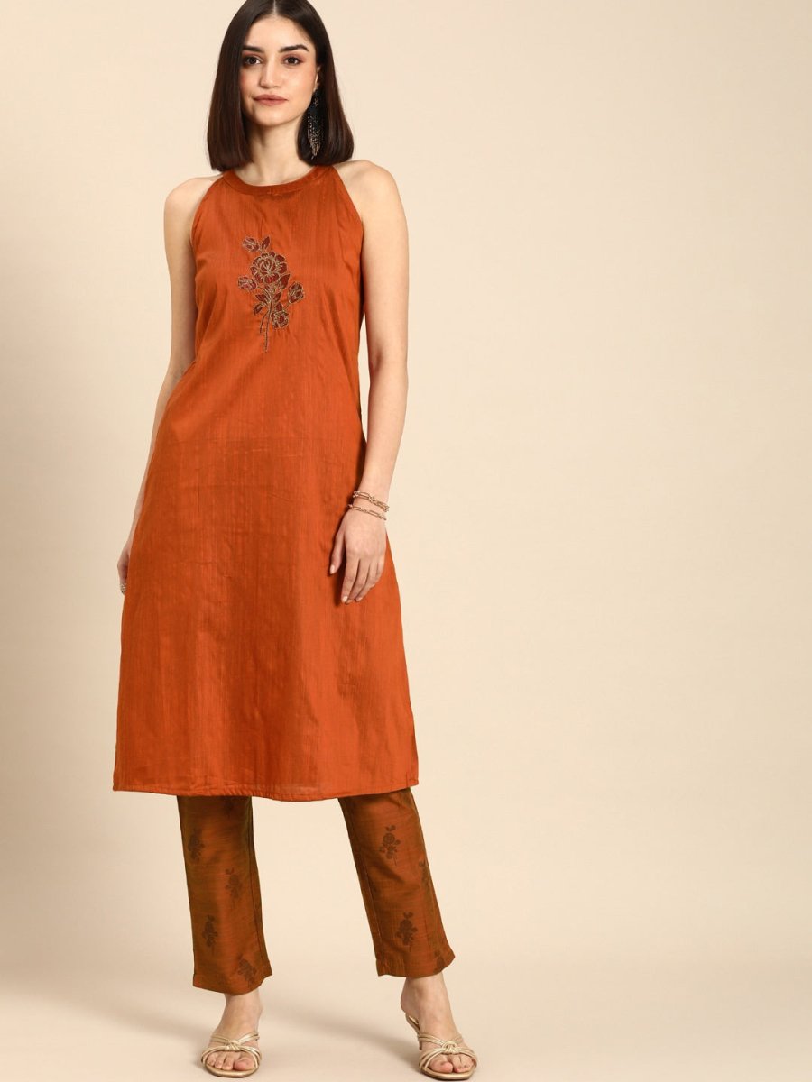All About You Women Orange Floral Print Embroidered Regular Kurta with Trousers