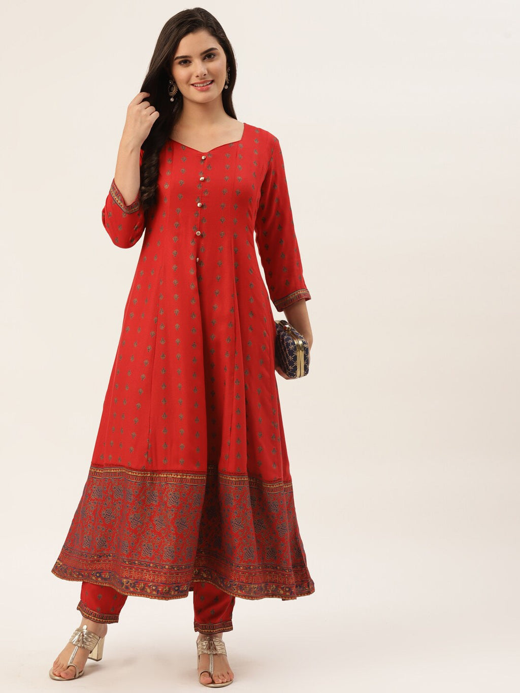 HERE&NOW Women Red Ethnic Motifs Printed Kurta with Trousers