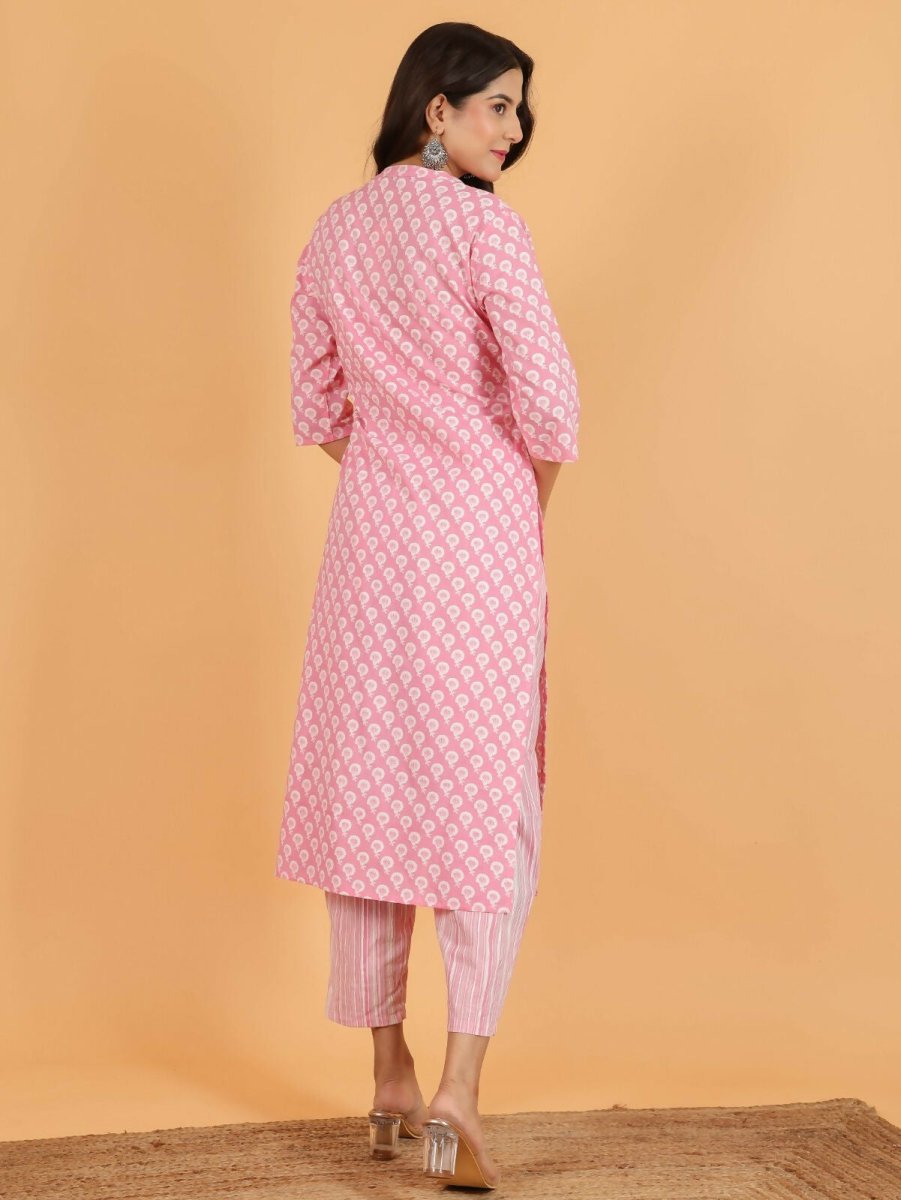 Aramya Pink Soft Cotton Floral Print Straight Kurta Pant Set for Women