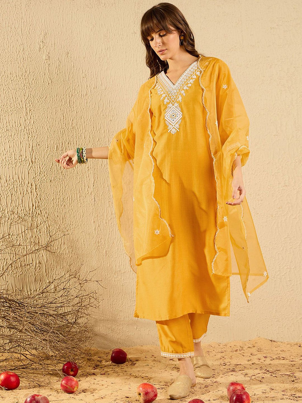 Indo Era Floral Yoke Design V-Neck Straight Kurta With Trousers & Dupatta