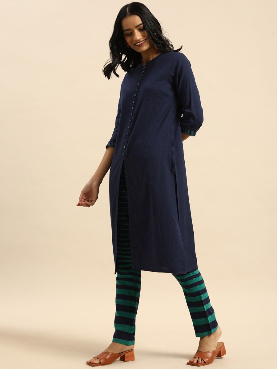 All About You Women Blue & Green Pure Cotton Kurta with Trousers
