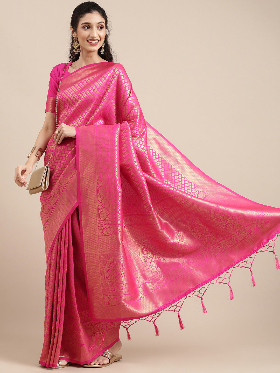 Saree Mall Pink Ethnic Motifs Zari Silk Blend Banarasi Saree For Women