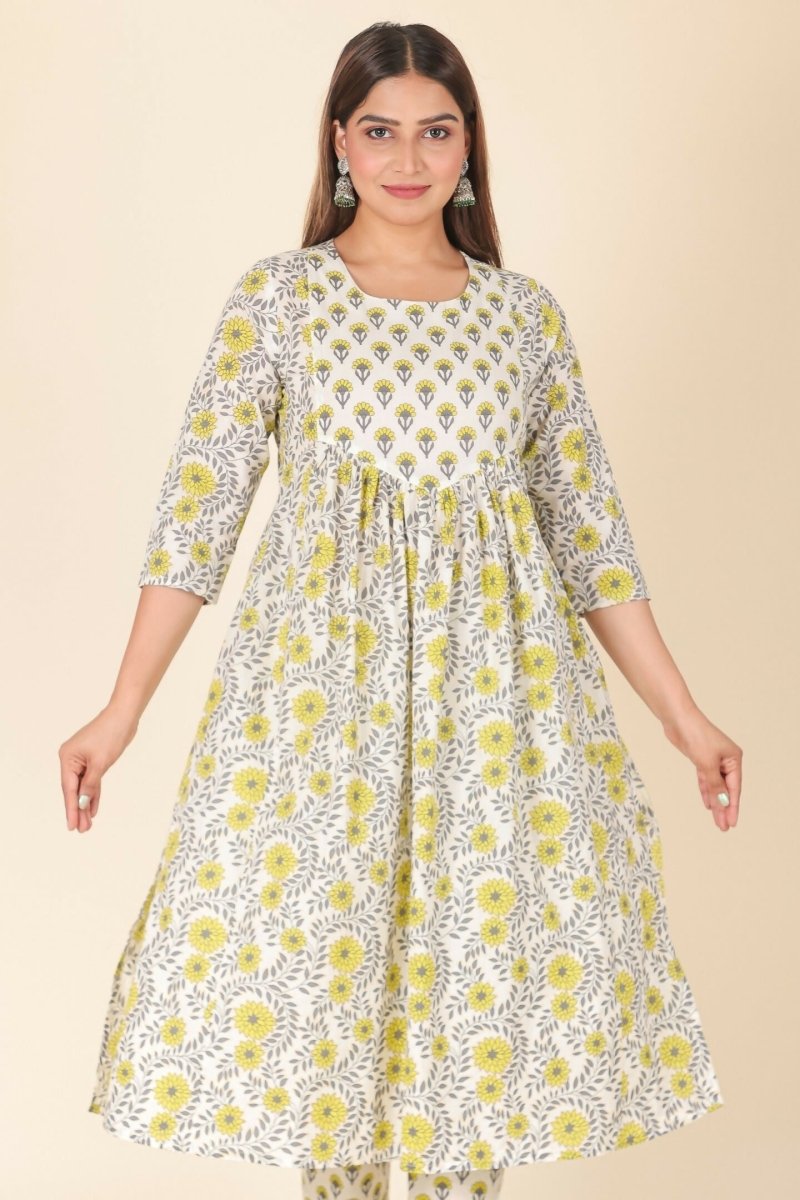 Aramya Yellow Soft Cotton Floral A-line Kurta for Women