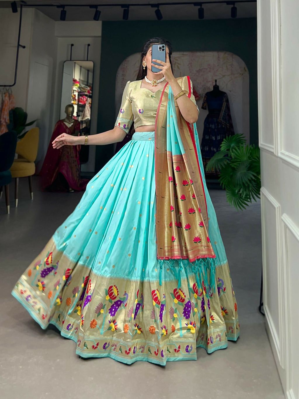 Vastranavya Traditional Jacquard Silk Paithani Lehenga Choli - Sky Blue