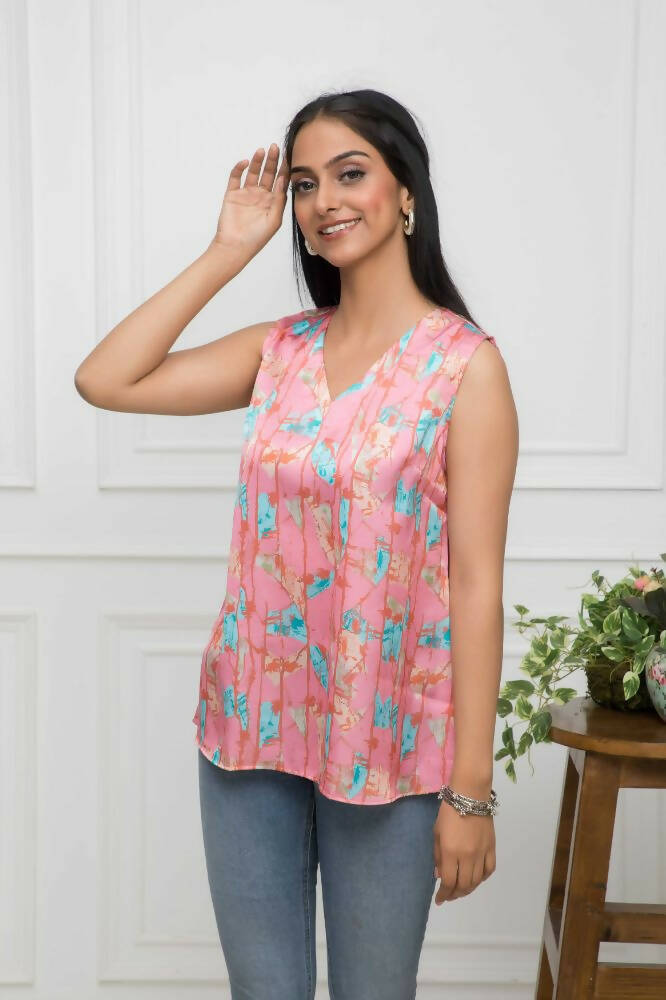 Myshka Women Multi-Abstract V-Neck No Sleeves Polyester Top