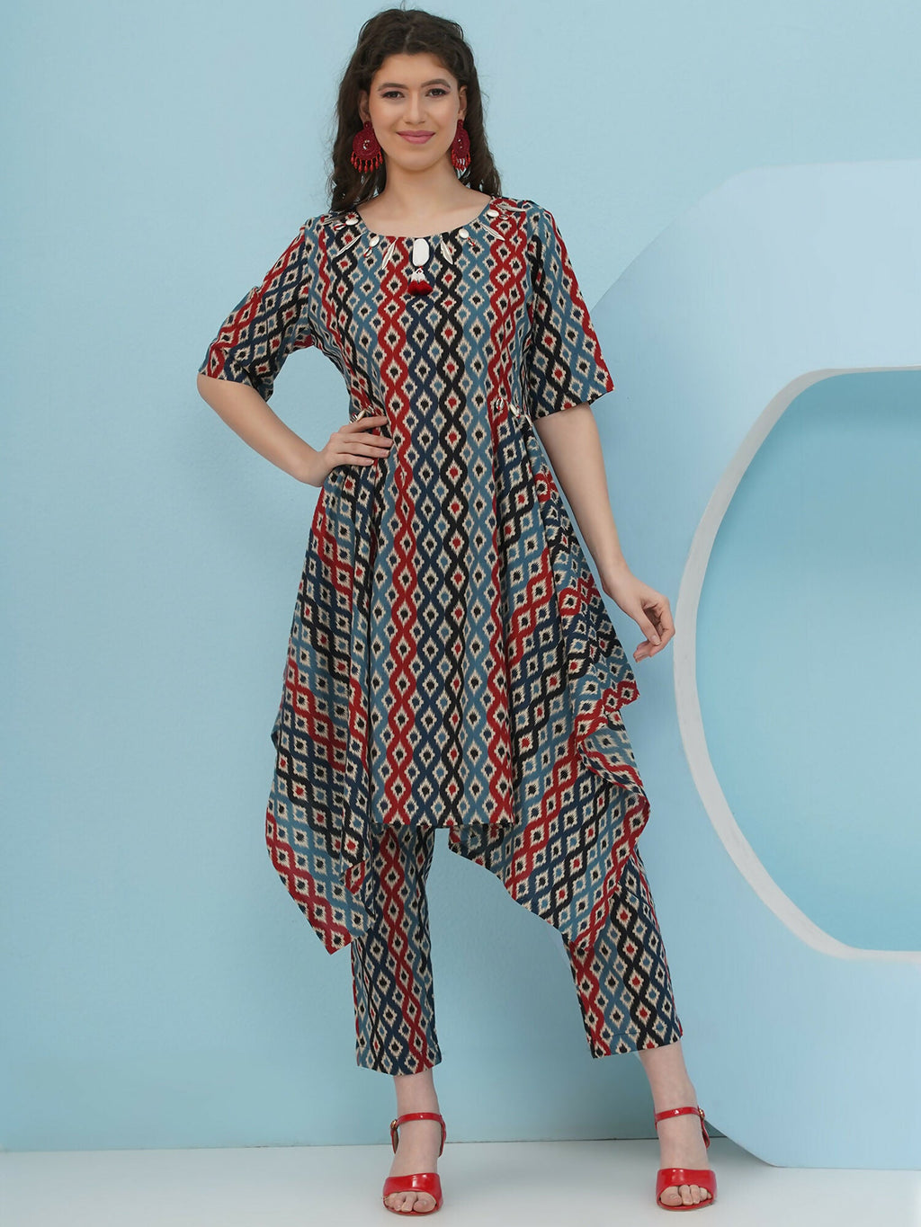 Joban Fashion Ikkat Printed Co Ord Set - Blue Red