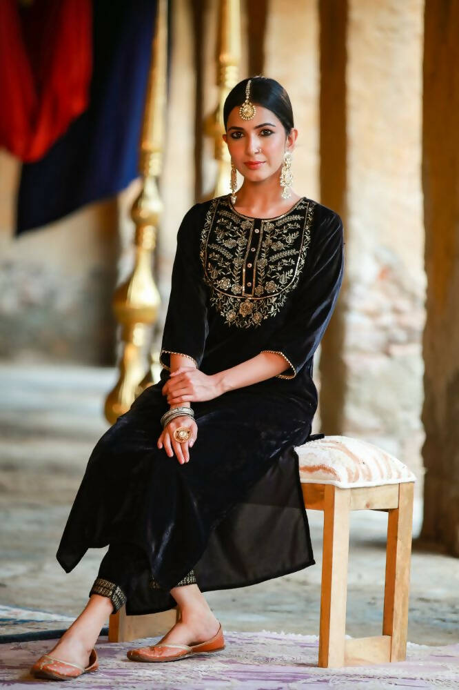 Juniper Women Black Velvet Embroidered Straight Kurta Sets