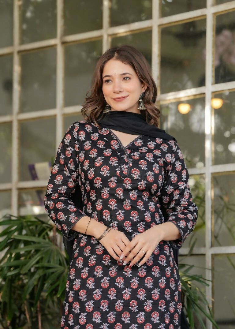 Black Pure Cotton Printed Anarkali Suit with Dupatta - Rashmika