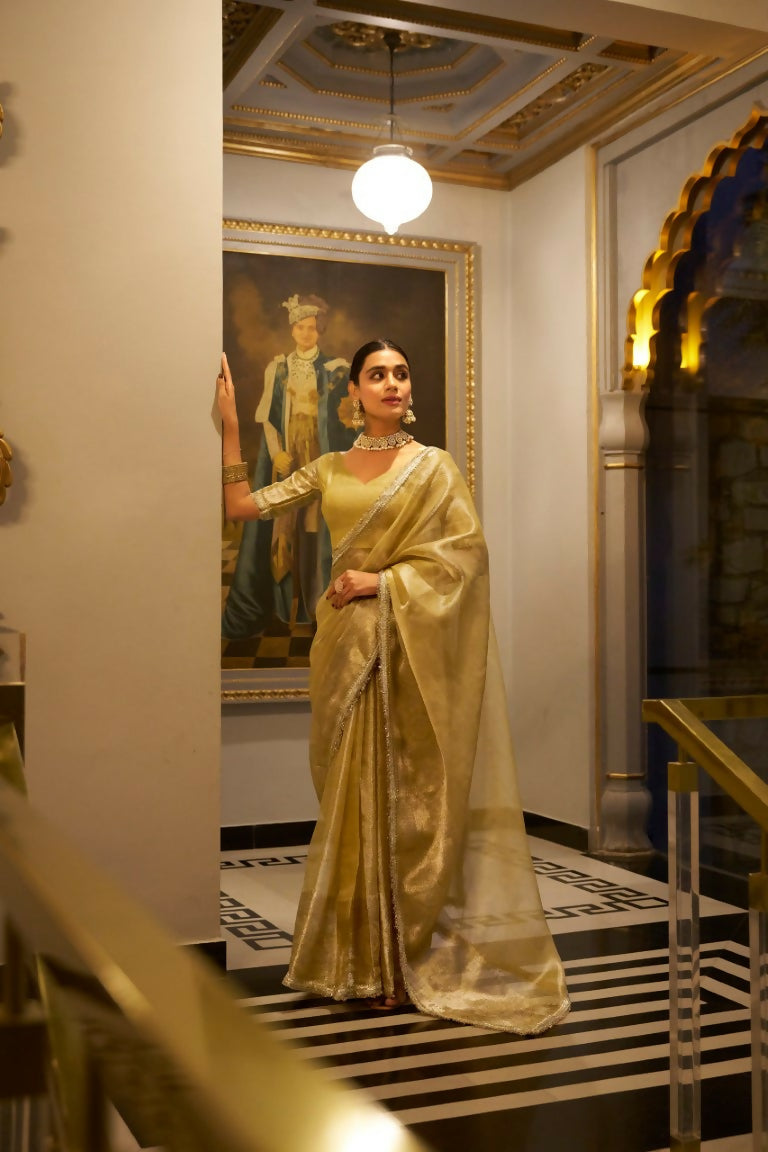 Vastranavya Gold Tissue Shimmer Zari Weaving Work Saree with Unstitched Blouse Gold