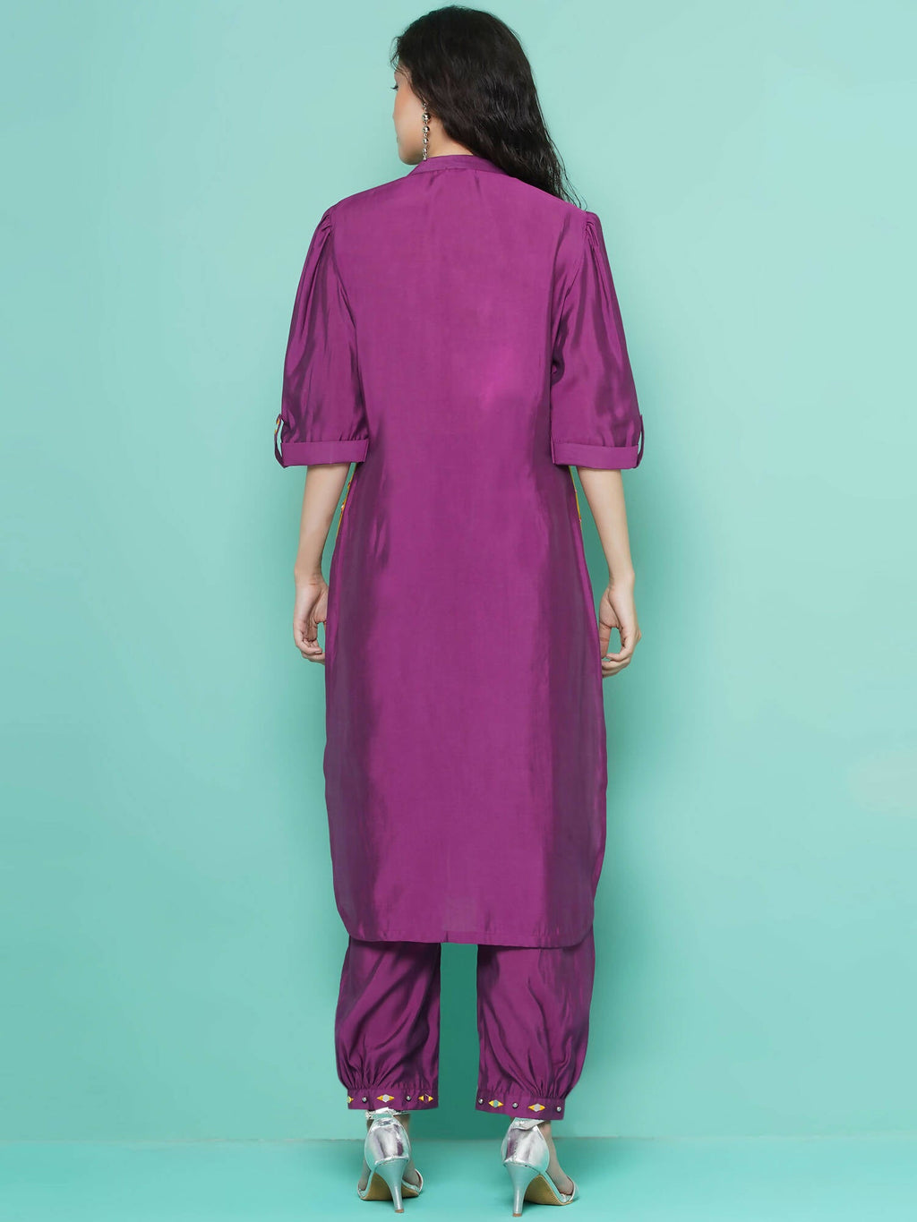 Women Republic Purple Art Silk Embroidered Kurta with Afghani Salwar