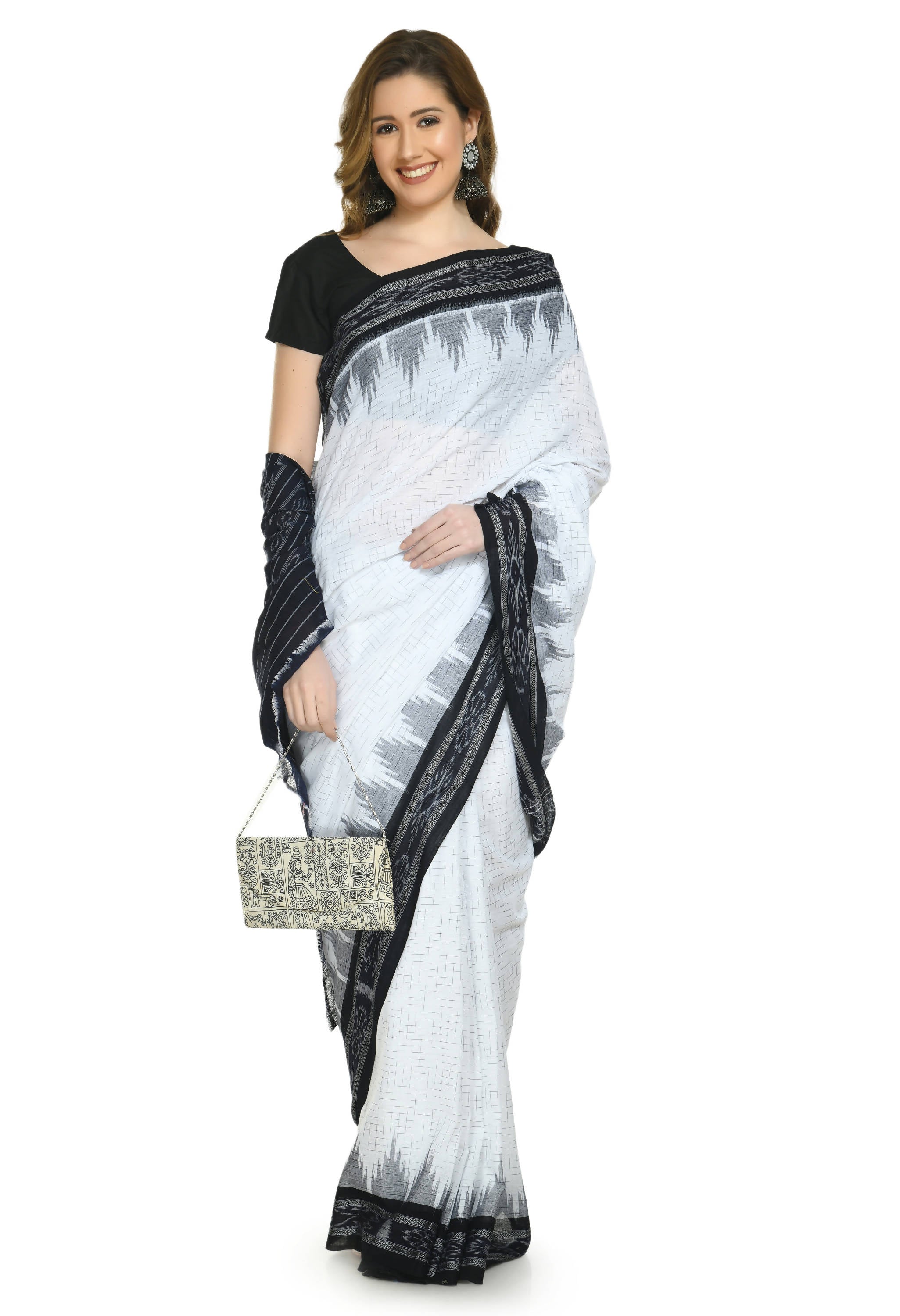 Vamika Sambalpuri Ikat Cotton Jharana White & Black Saree