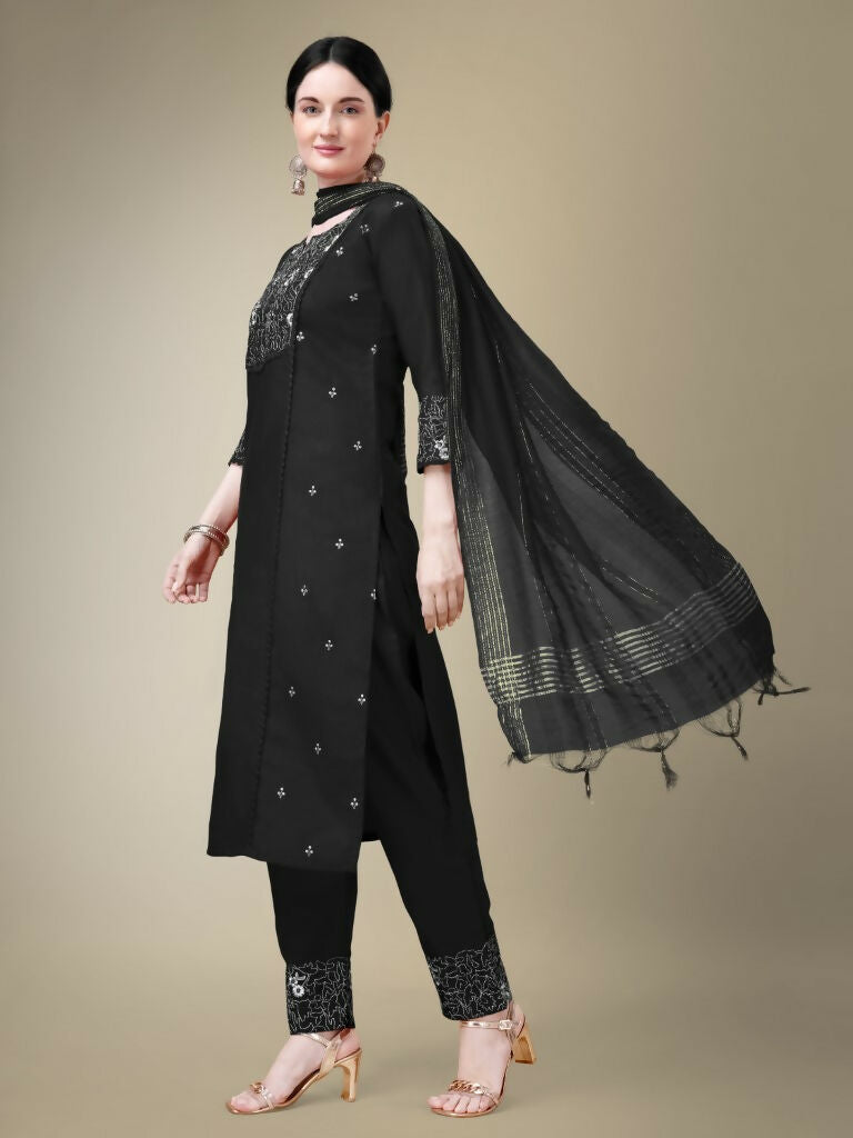 Jyoti Fashion Women's Black Cotton Blend Embroidery & Fancy Lace work Kurta with Trouser & Dupatta