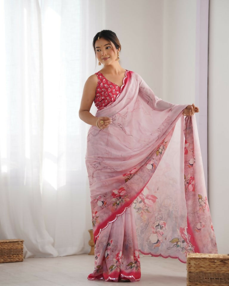 Pink Chinon Designer Digital Printed & Mirror Cut Work Saree - Kriti