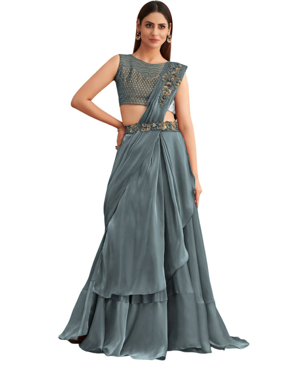 Blue Satin Embroidered Ready To Wear Saree With Unstitched Blouse Piece - Nandika