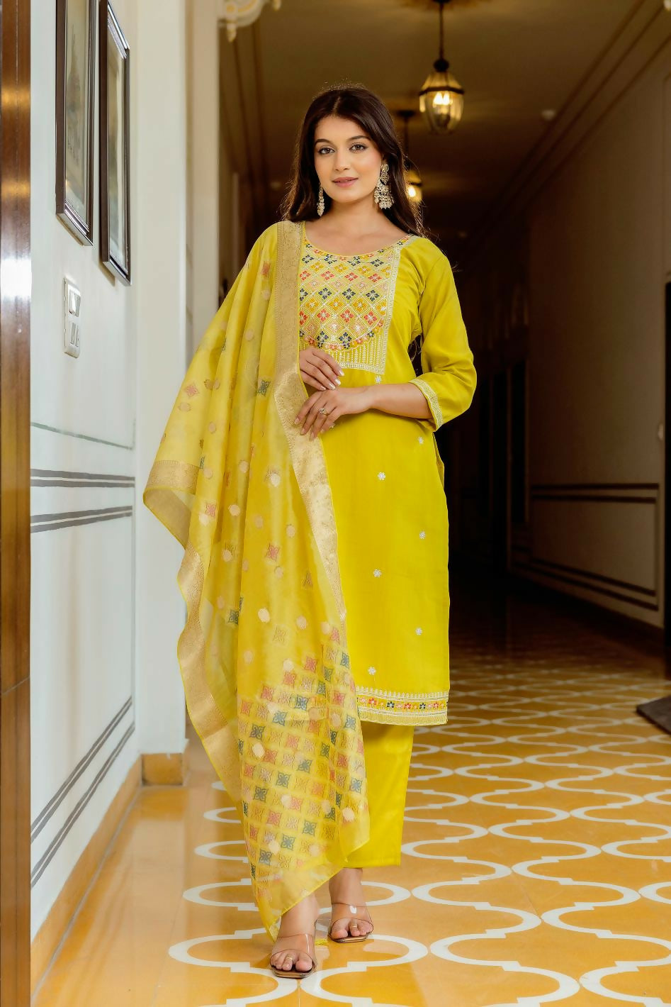 The52 Yellow Women's Beautiful Embroidered Viscose Shimmer Fabric with Straight Kurta, Pant and Dupatta Set