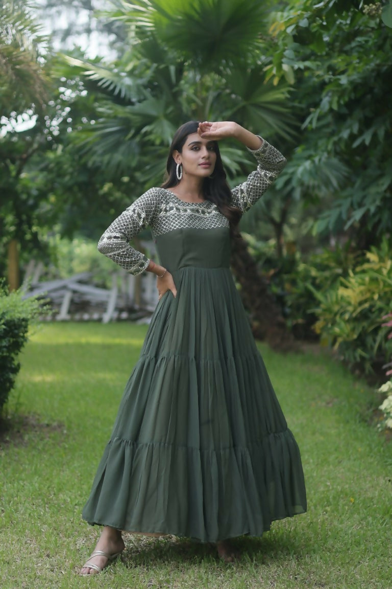 Jyoti Fashion Women's Mehendi Sequins Zari Embroidered Faux Georgette Anarkali Dress