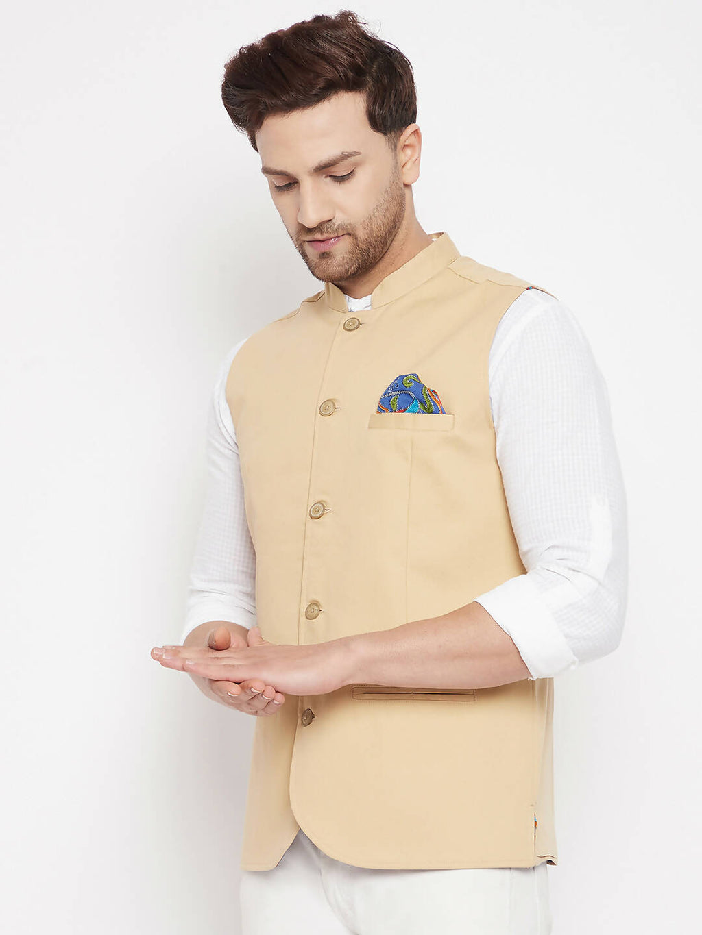 Even Apparels Beige Polyester Men's Nehru Jacket-Contrast Lining-Inbuilt Pocket Square