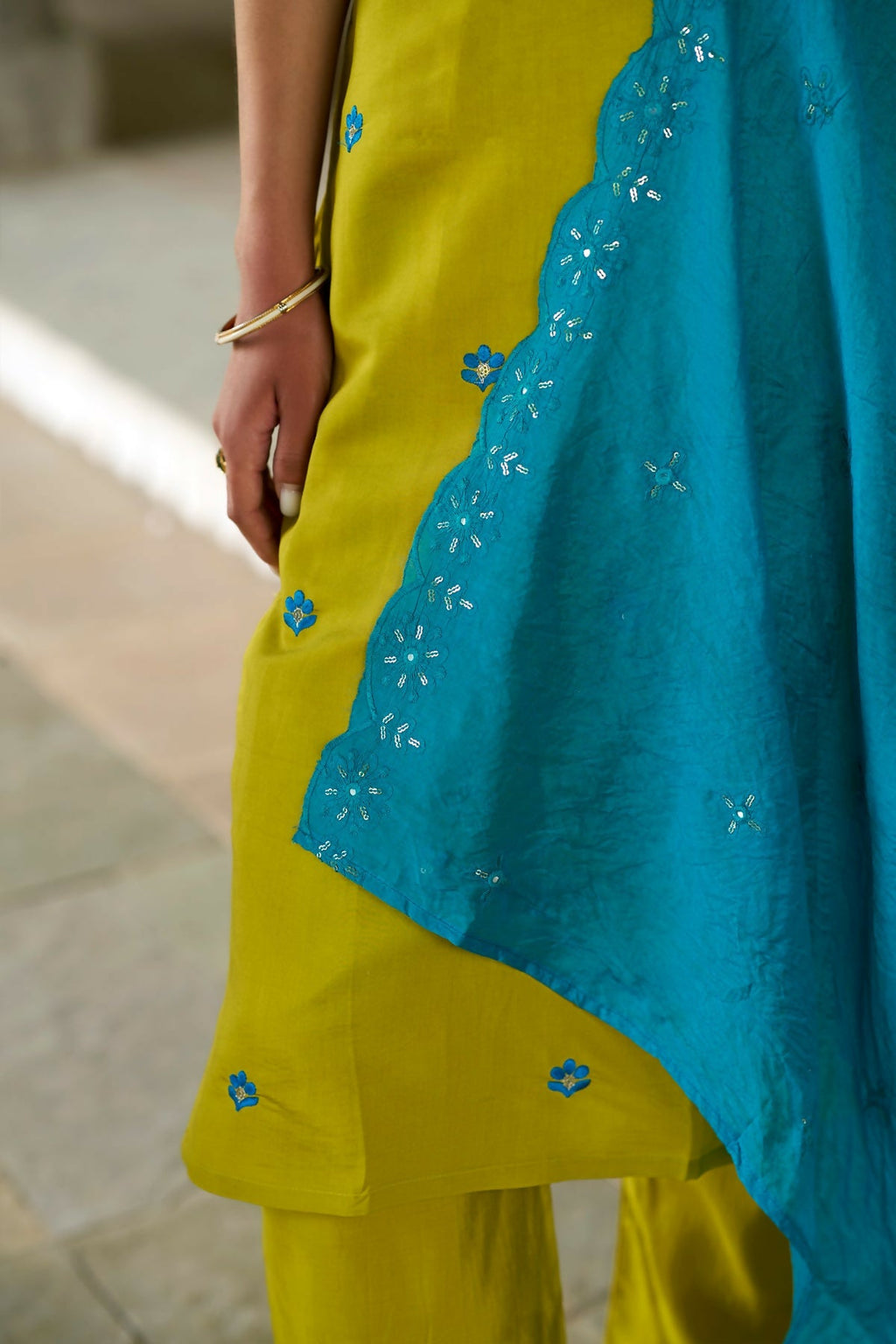 The52 Lemon Beautiful Embroidered Viscose Chanderi Fabric Straight Kurta Pant with Dupatta Set