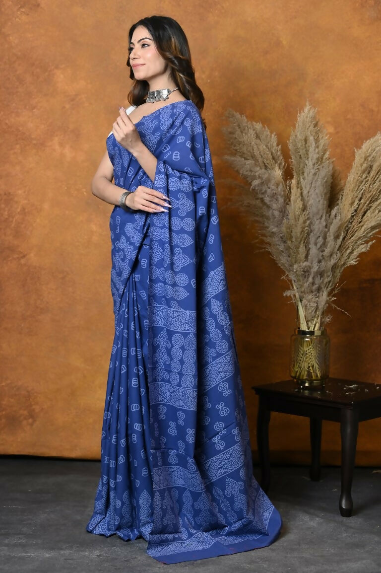 Very Much Indian Handblock Printed Cotton Saree With Natural Dyes - Indigo Blue