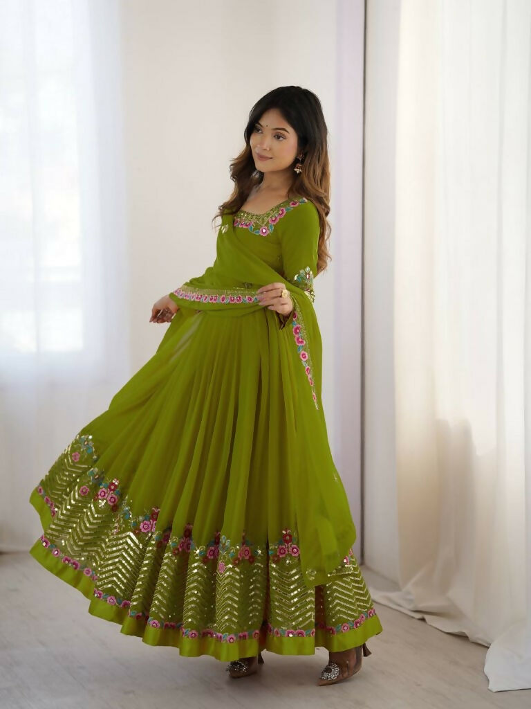 Teeya Creation Green Color Heavy Georgette Wedding Wear Embroidery Work Long Gown