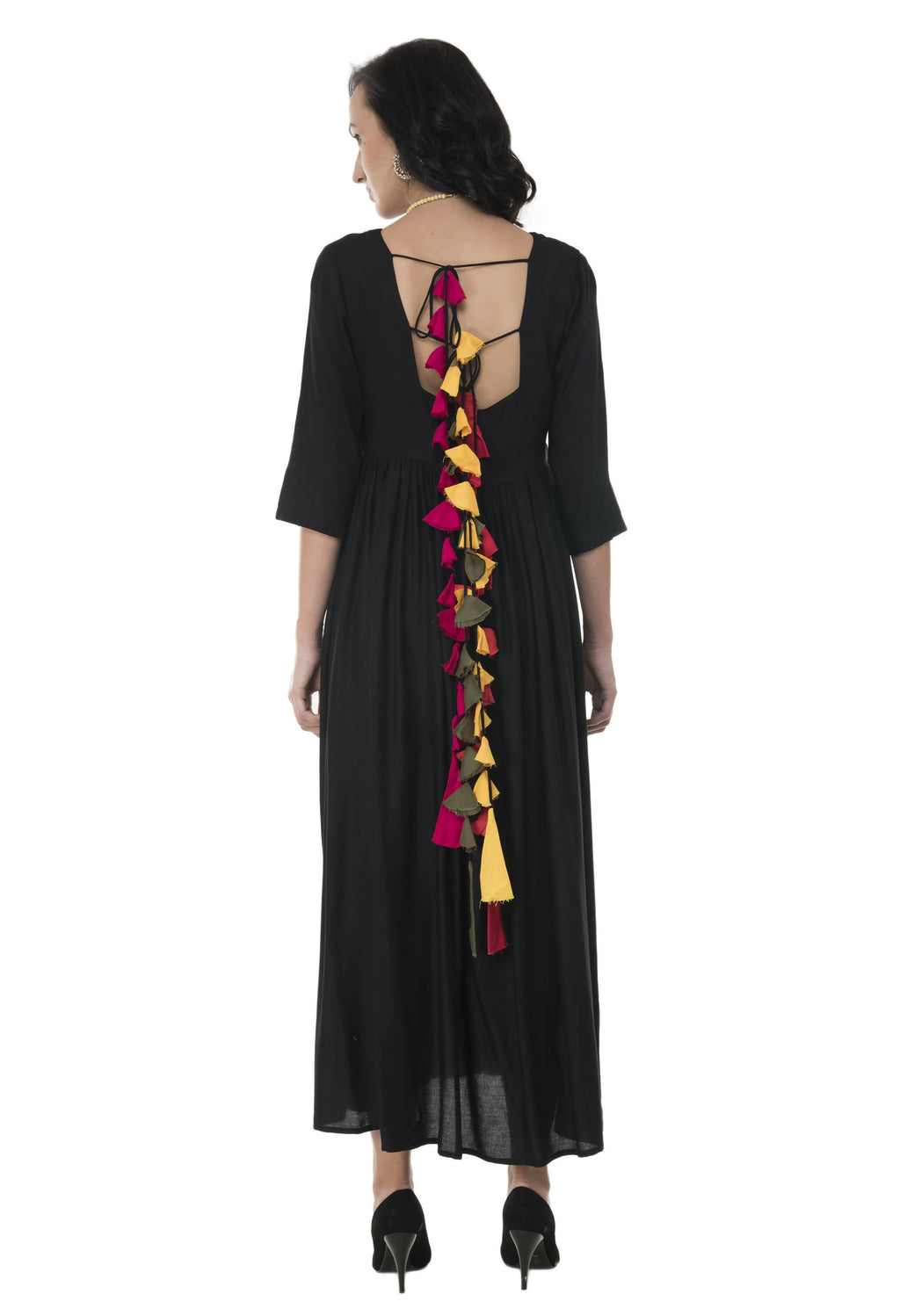 Women's Black Flared Kurti With Front Round Neck And Back Neck With Deep With Dori And Tassels - G & A Apparels