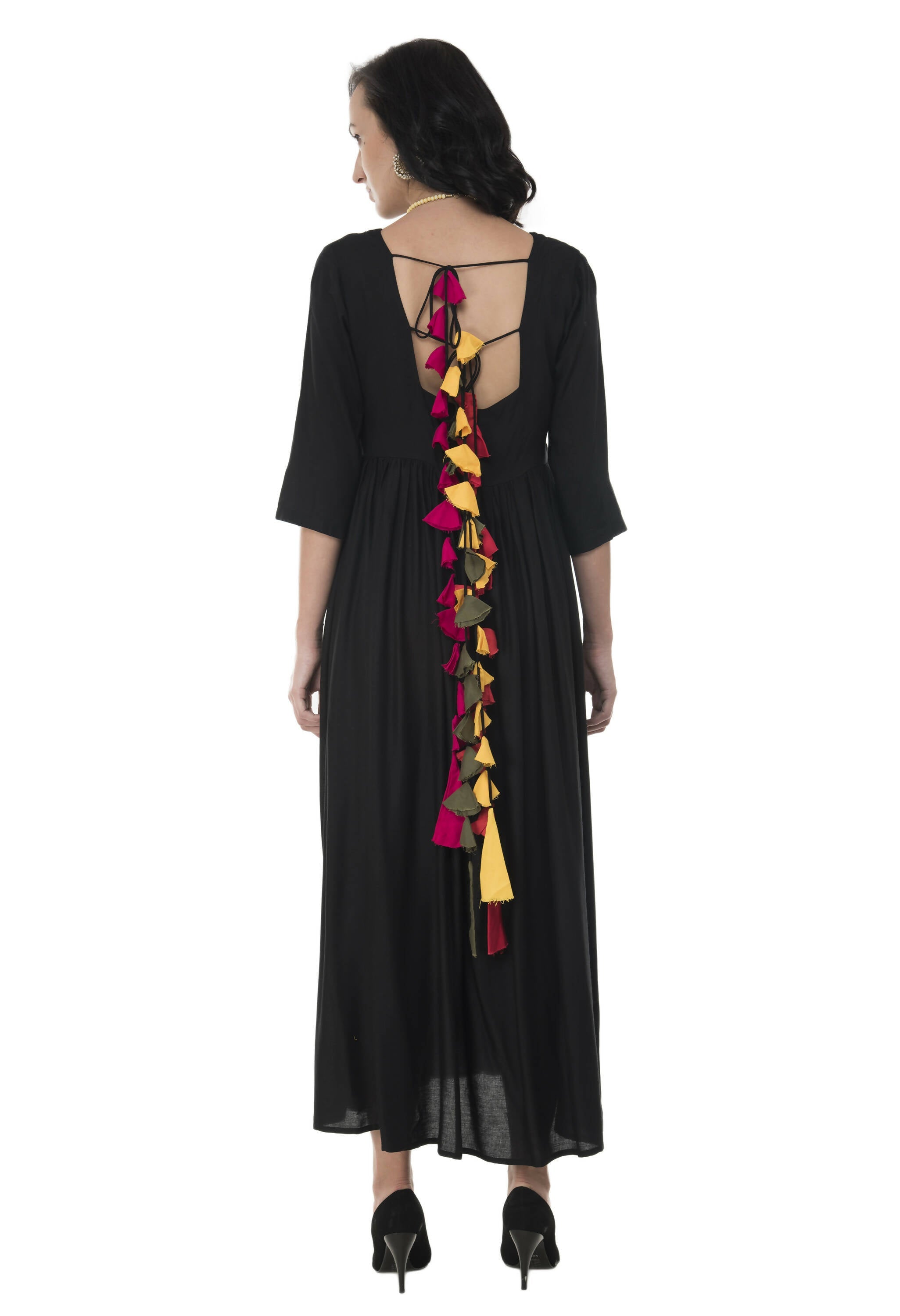 Women's Black Flared Kurti With Front Round Neck And Back Neck With Deep With Dori And Tassels - G & A Apparels